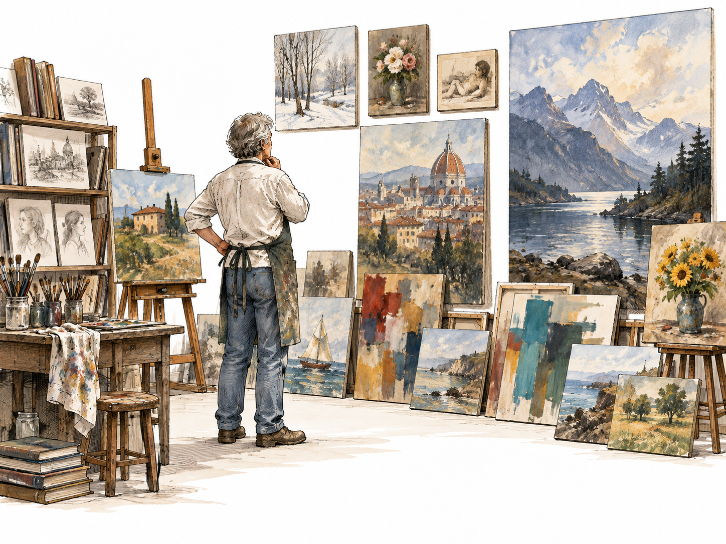 A mature artist's studio displays many completed paintings across decades in different sizes and phases.