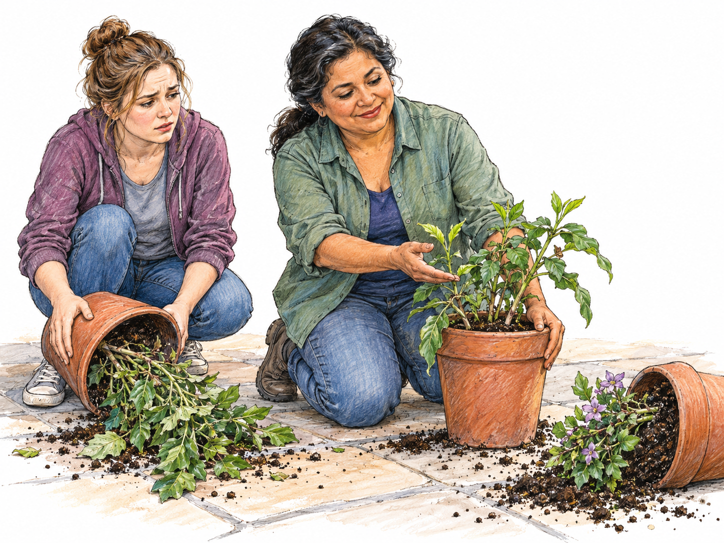 After wind has knocked over several patio plant pots, a woman remains confidently hopeful, smiling calmly as she rights an intact plant and gestures toward its healthy new shoots.