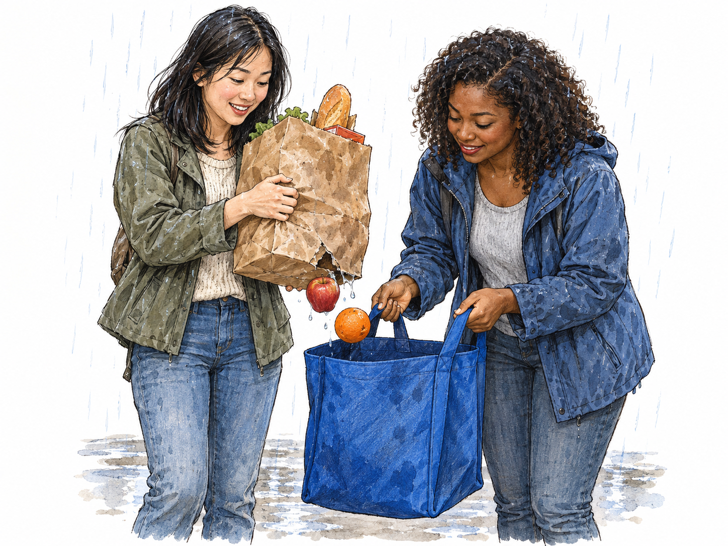 During a sudden downpour, a woman carrying a rain-soaked paper grocery bag receives a sturdy reusable tote just as the paper bottom tears.