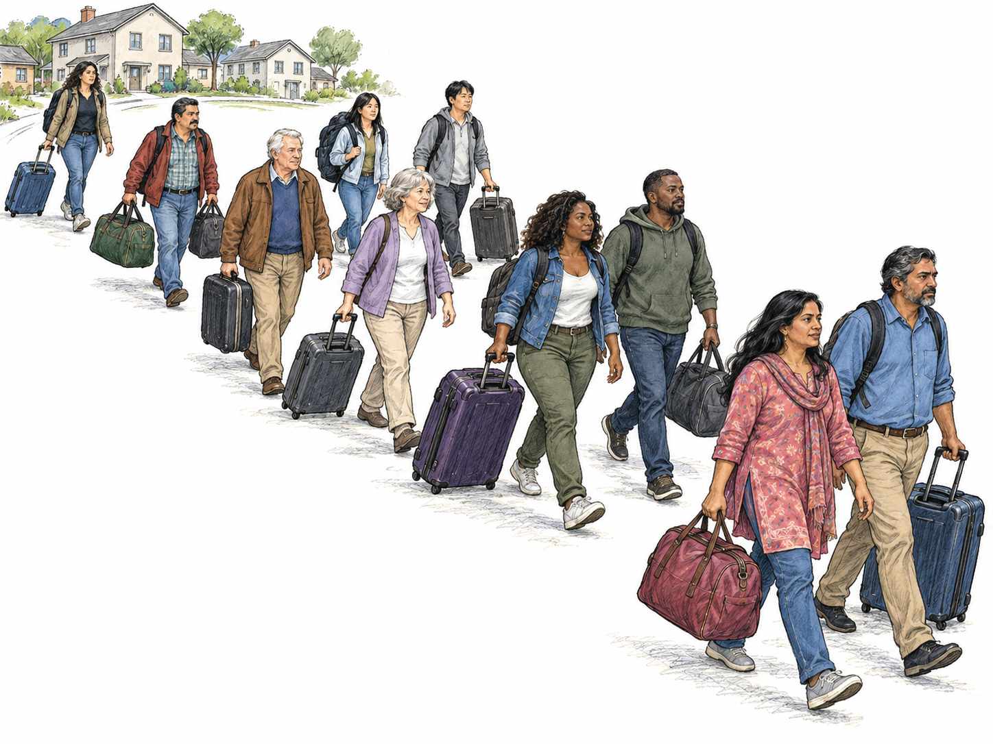 A broad stream of people carrying suitcases and packed bags leaves a residential town along one outward-bound road.
