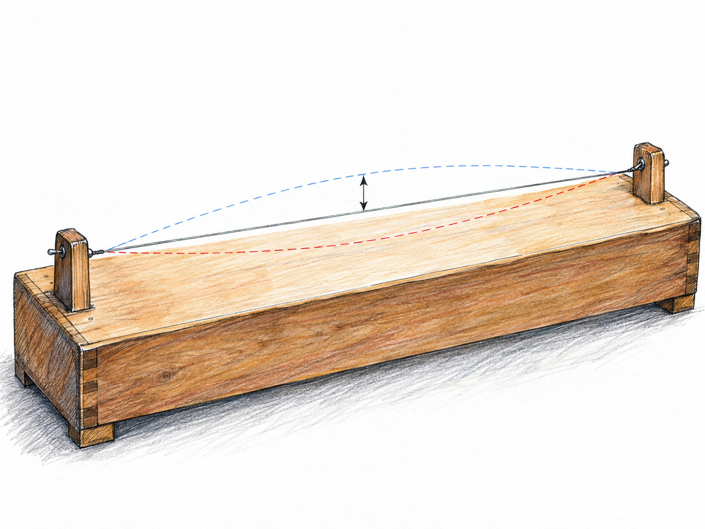 A close view of a single vibrating string stretched between two fixed supports on a small wooden soundboard.