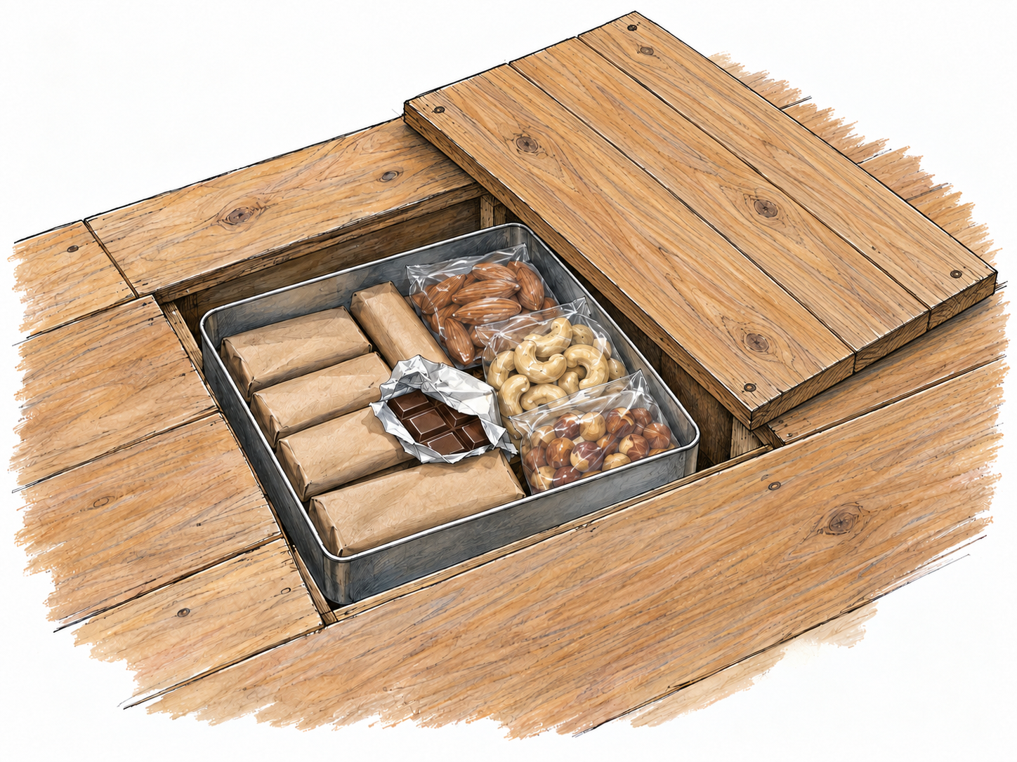 A lifted floorboard reveals a concealed box stocked with individually wrapped chocolate bars and packets of nuts, making the hidden supply—not a person hiding it—the focal point.