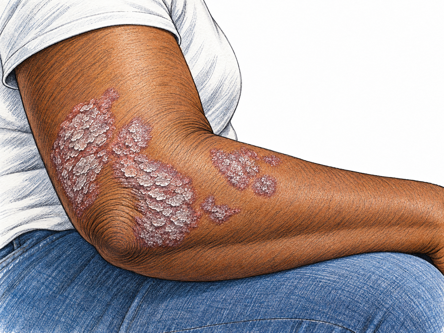A close view of a woman's outer elbow and forearm showing sharply bounded reddish plaques with thick, silvery-white scales, the characteristic visible presentation of psoriasis.