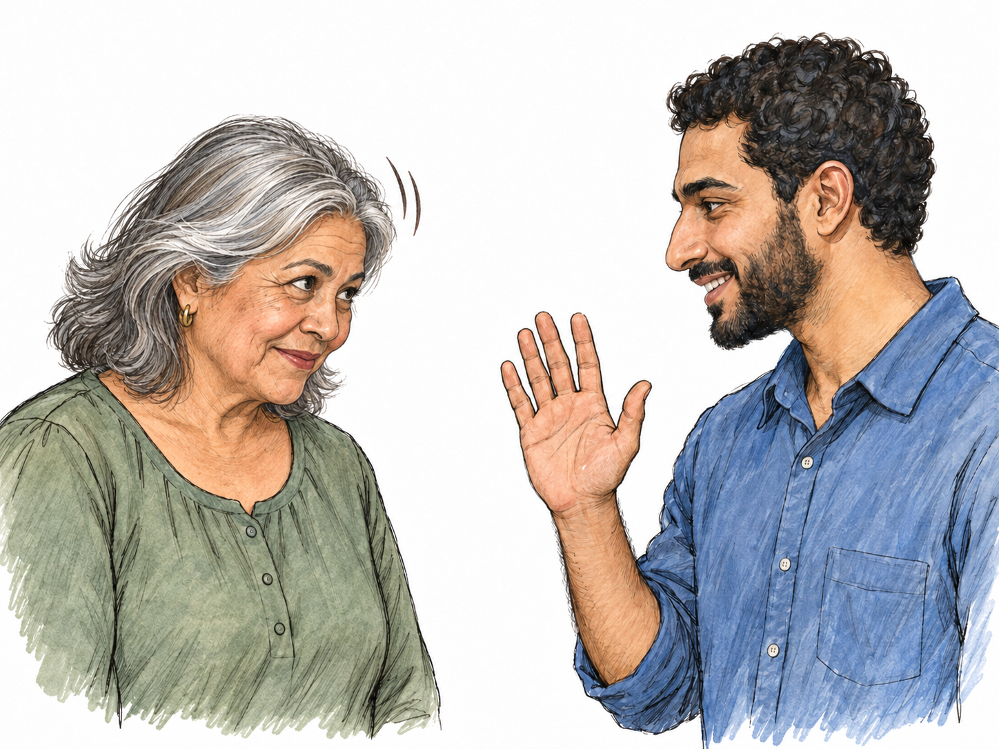 An older woman gives a small up-and-down nod in greeting to a young man raising an open hand toward her.