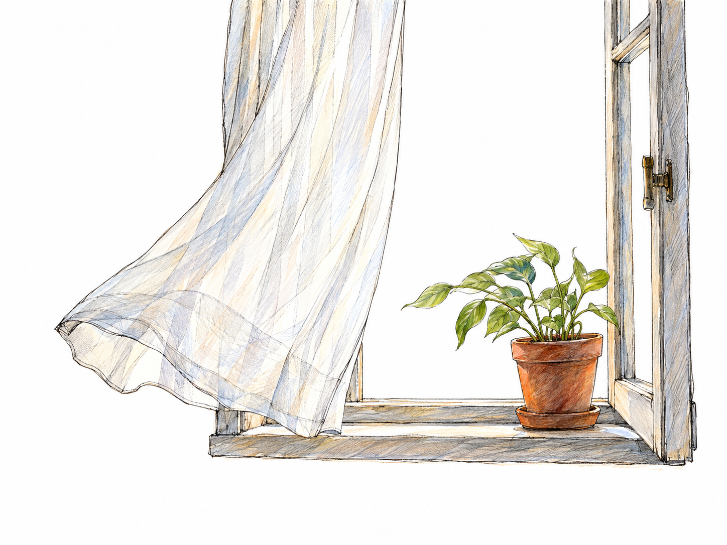 A sheer curtain gently lifting through an open window, with a few delicate leaves on a small potted plant leaning slightly in the same soft breeze.