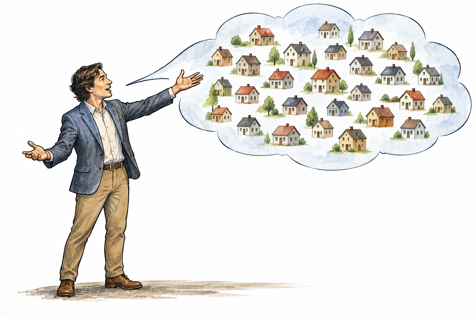 A speaker gestures at a broad cloud containing many tiny simplified houses rather than individual details, broad statement imagery.