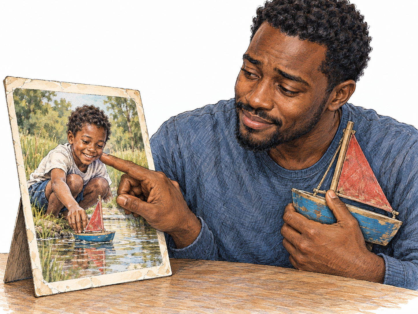 A young man pauses over a large childhood photograph, tenderly touching the pictured child while holding his preserved toy sailboat close to his chest.