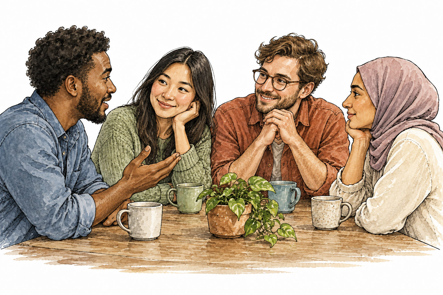 Close friends of different ethnicities share quiet heartfelt conversation around a table, warmth and mutual attention.