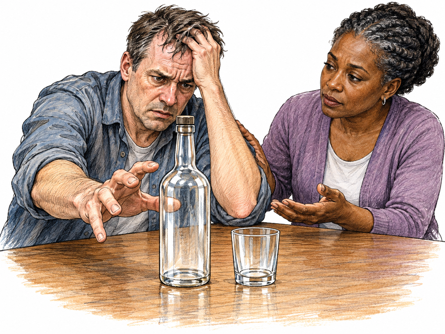A distressed adult with an intense urge to reach for a plain bottle pauses while an attentive counselor offers support, an untouched glass on the table; no drinking methods, quantities, celebratory tone or labels.