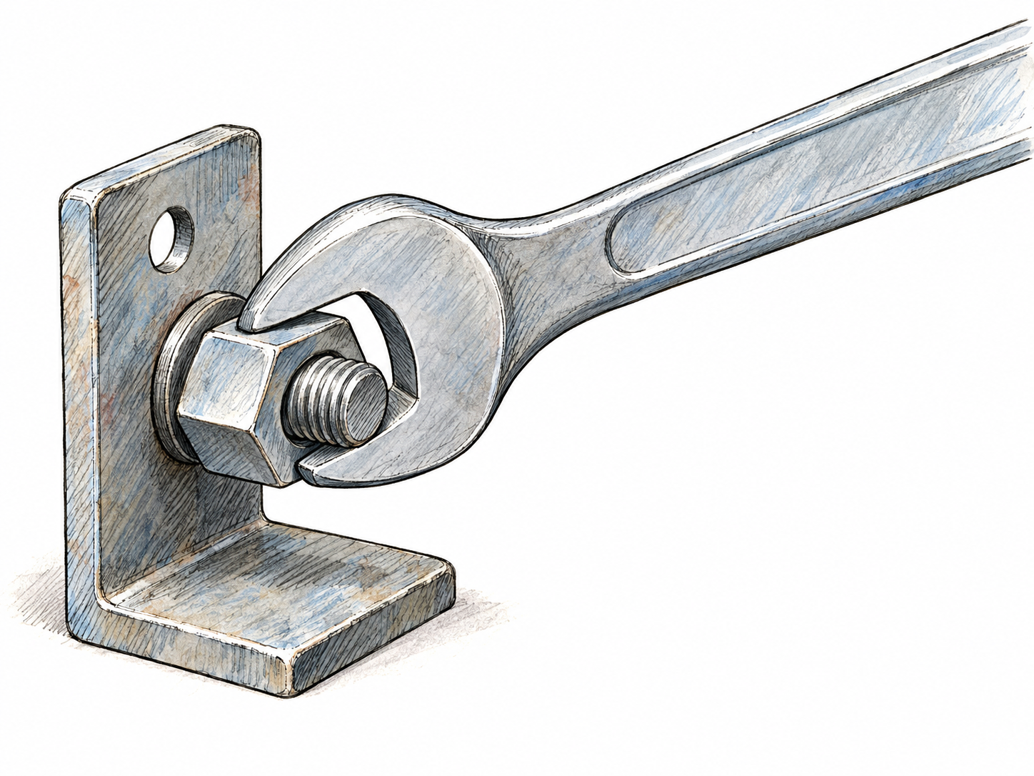A steel open-ended spanner snugly gripping a hexagonal nut on a simple bolted metal bracket, with its handle extending diagonally into white space.