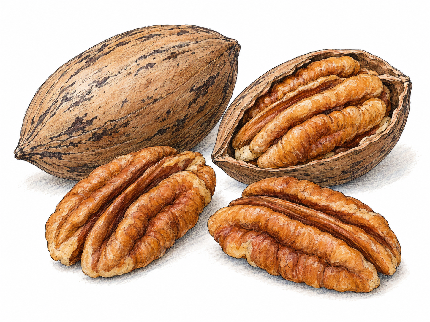 A close botanical still life of pecans: an intact elongated brown shell beside a split shell exposing the deeply ridged edible kernel, with two loose kernel halves.