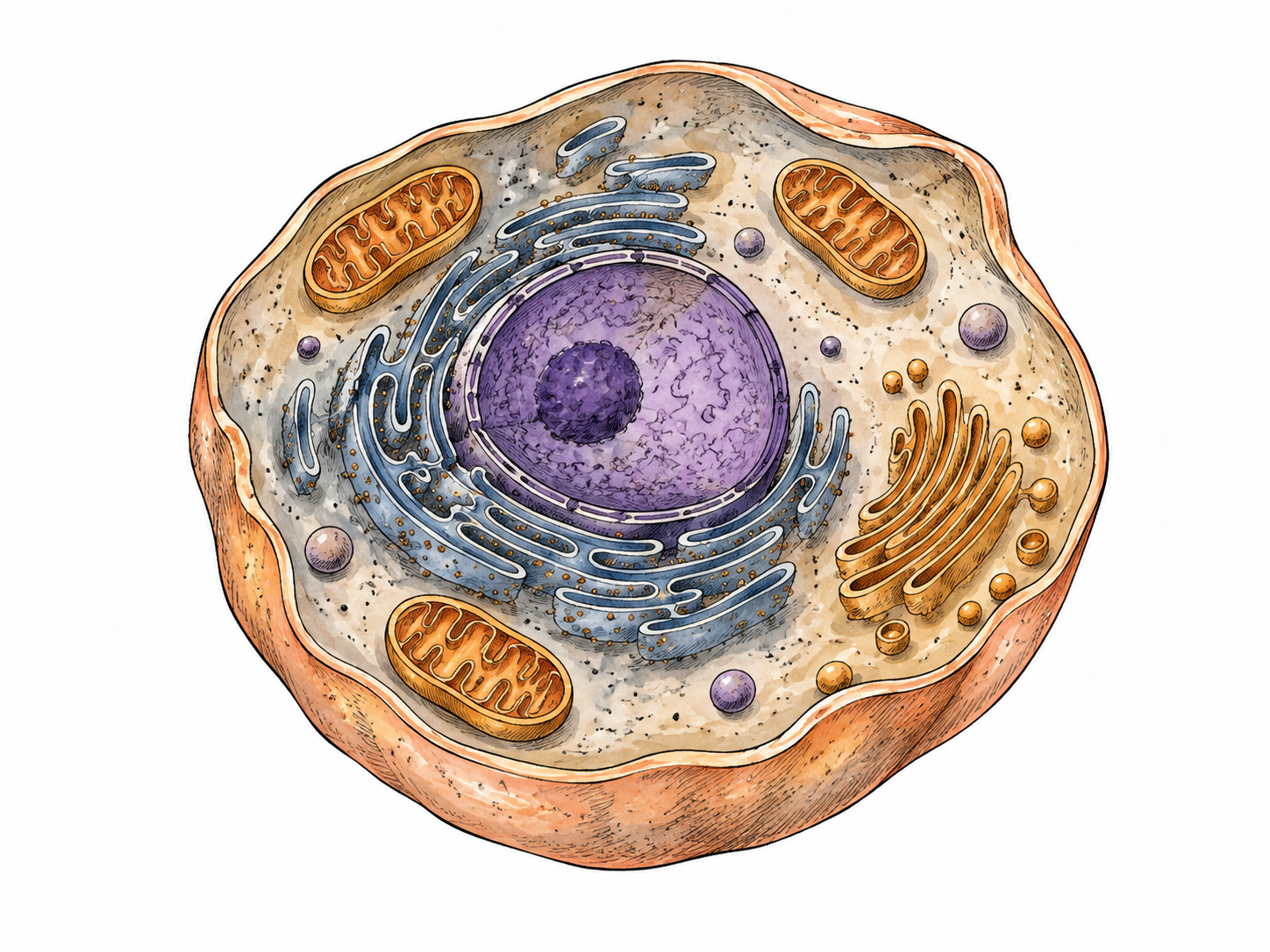 A clear educational cutaway of one animal cell with membrane, nucleus and a few organelles, no labels.