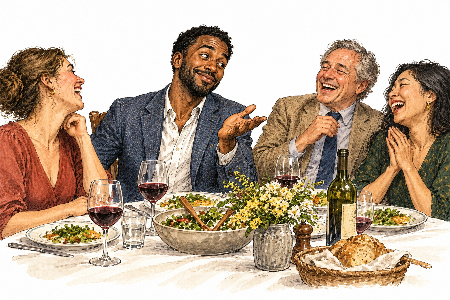 A witty dinner guest makes a short clever remark with a playful expression, companions break into delighted laughter, no speech bubble or writing.