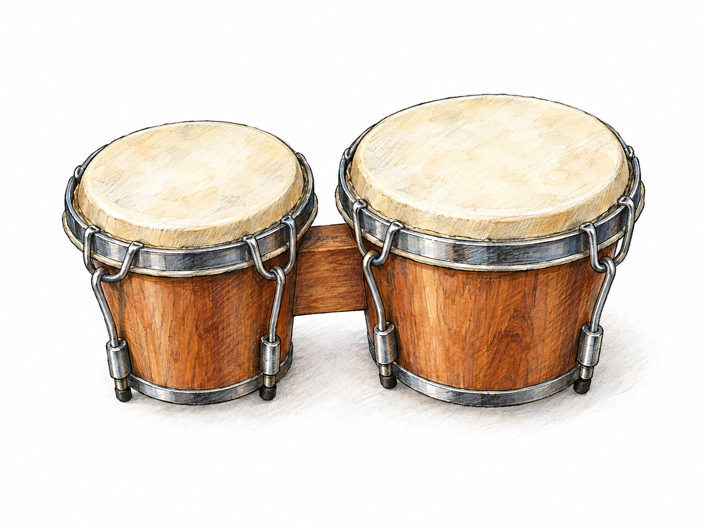 An isolated, connected pair of small bongo drums, with unequal diameters, taut skin heads and short wooden shells clearly visible.