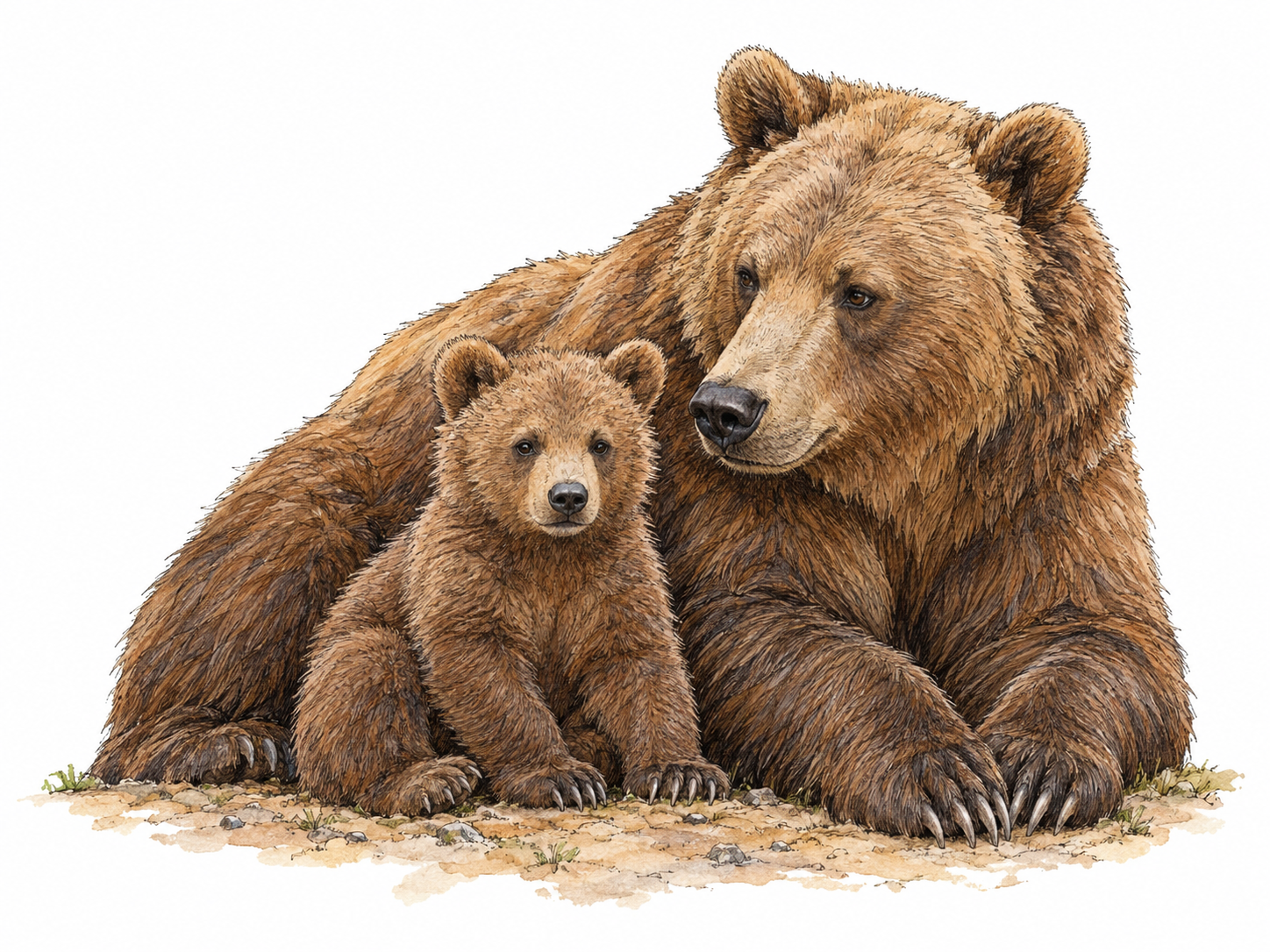 A small bear cub sits beside its much larger mother, making its juvenile proportions and size immediately clear.