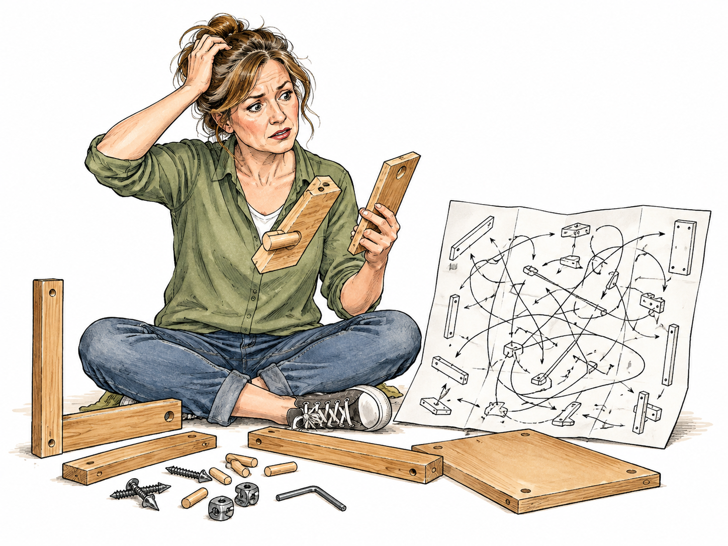 A confused adult confronts a wildly tangled maze-like assembly diagram of crisscrossing arrows while holding unmatched wooden parts, bewilderment clear, no actual writing.