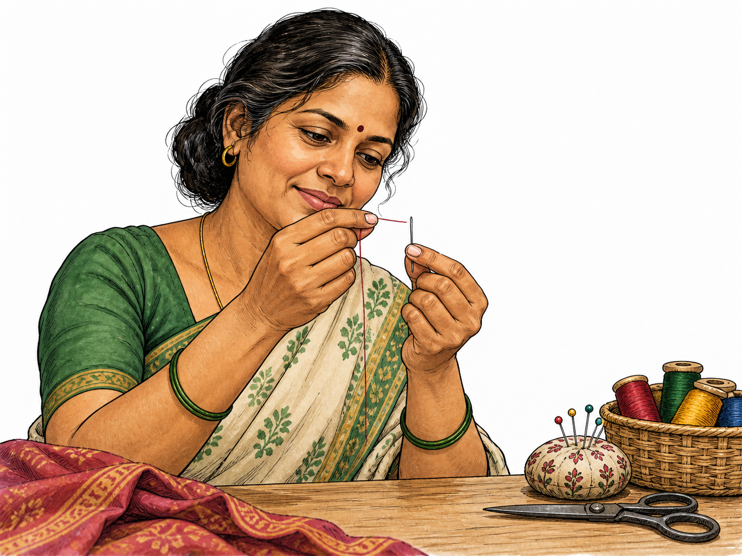 A South Asian adult seamstress deftly threads a very fine needle in one smooth precise motion, focus on coherent hands and the needle, simple workshop with no text.