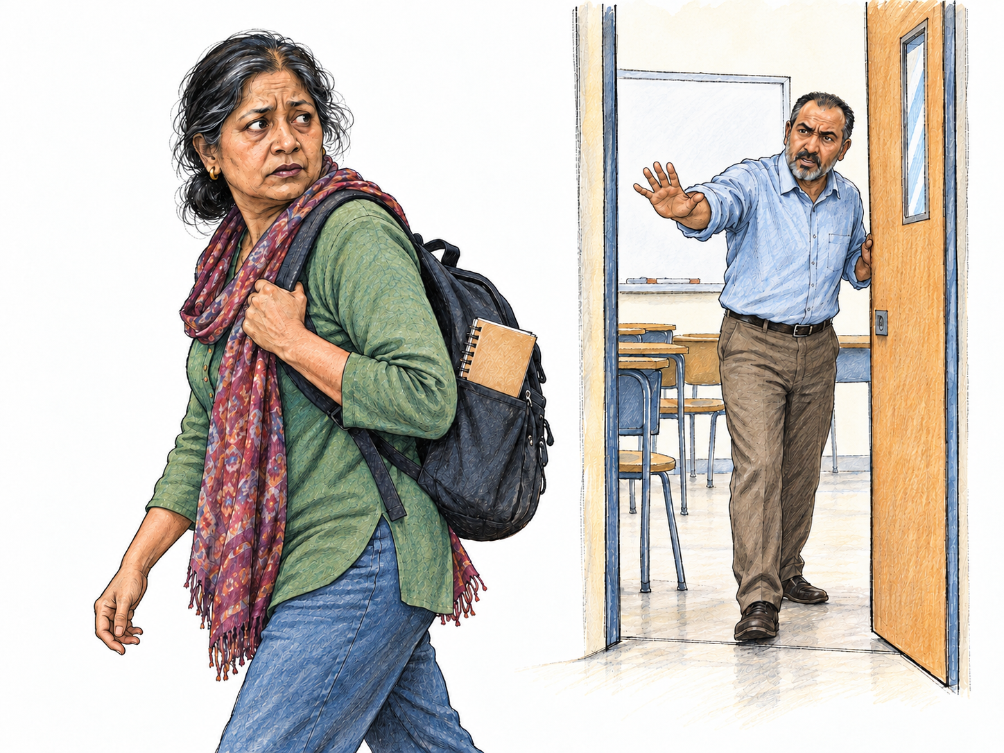 An older adult student slips away from an adult-education school during class, carrying her backpack while a teacher at the doorway gestures for her to return.