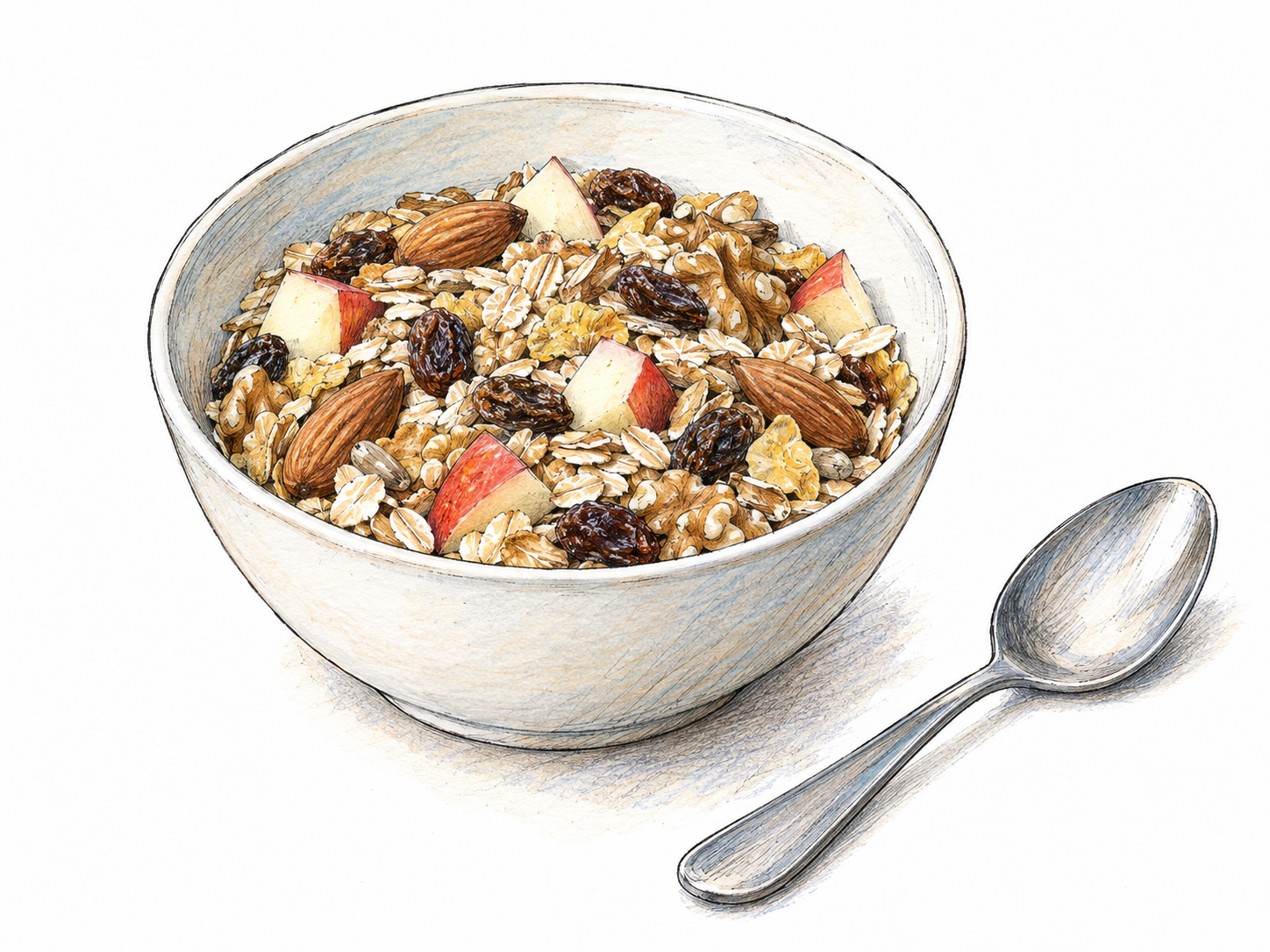 A simple breakfast bowl of loose muesli, with visibly distinct rolled oats, other grain flakes, nuts, raisins, and fresh apple pieces.