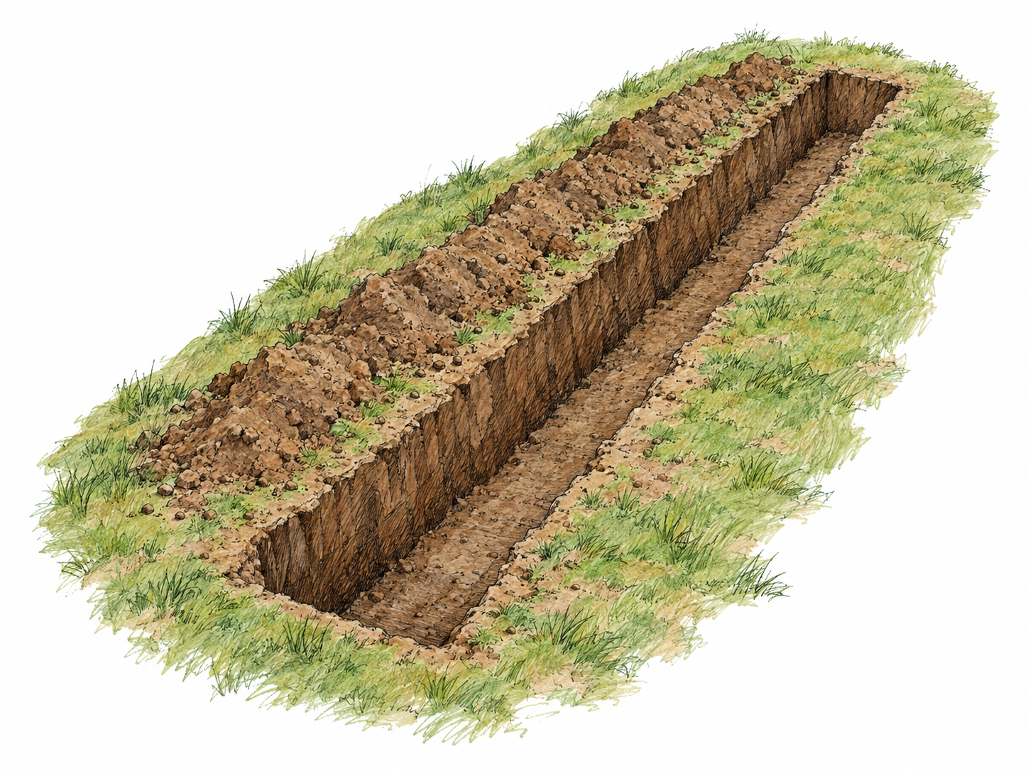 An elevated oblique view of a freshly dug, long narrow trench in level ground, with exposed earthen walls, a visible bottom and excavated soil piled beside it.