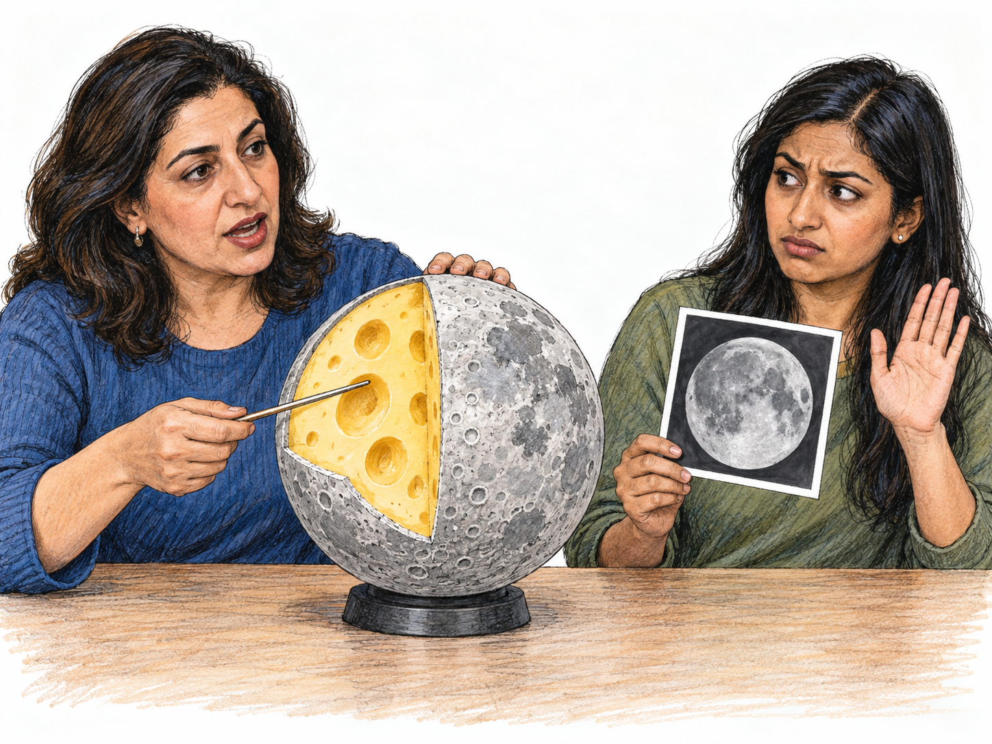 A confidently talking presenter advances the visibly ridiculous idea that the Moon is made of cheese; her listener dismisses the claim as nonsense.