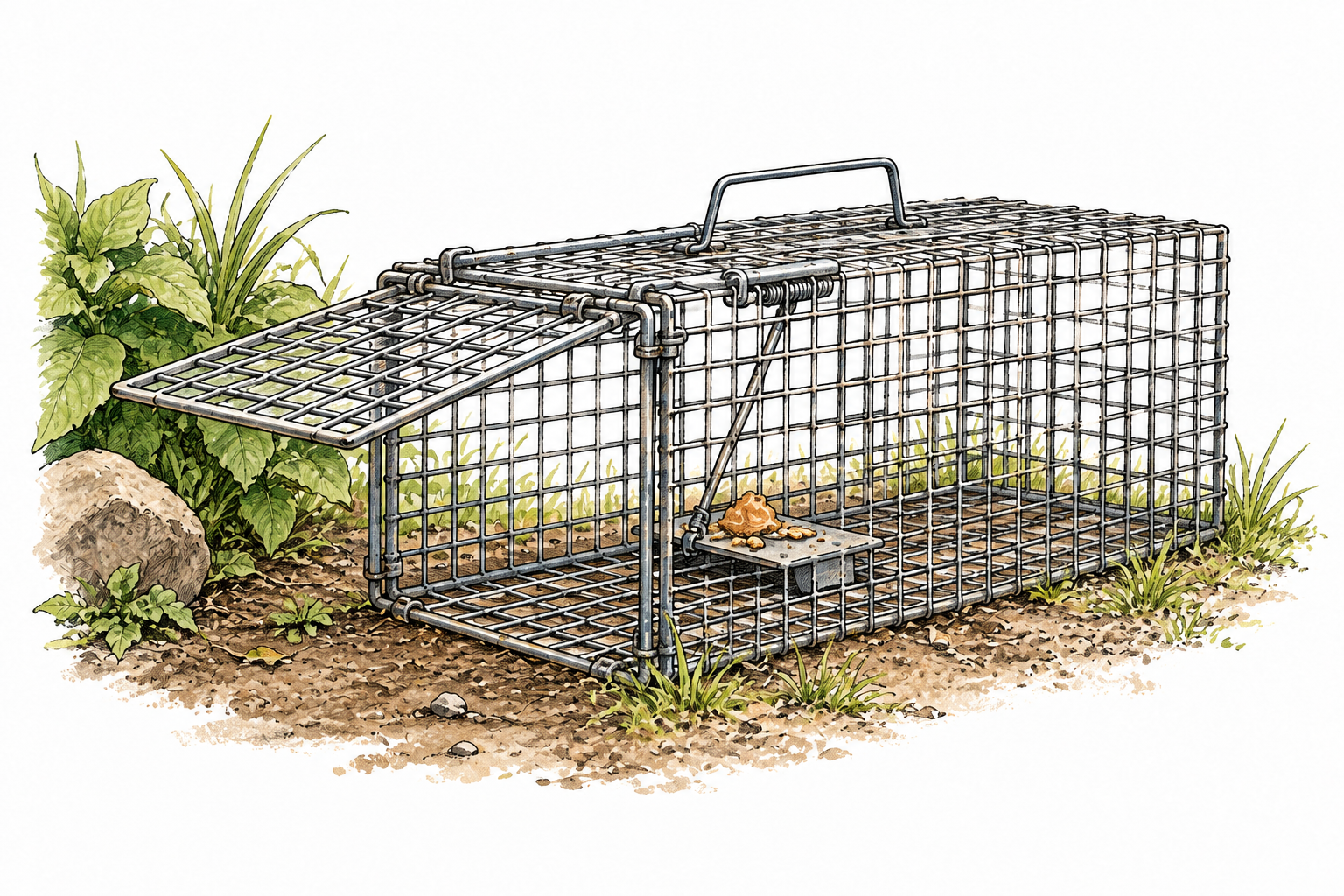 An empty humane cage trap with a hinged door and bait inside, clear practical animal-catching device on garden ground, no animal suffering.