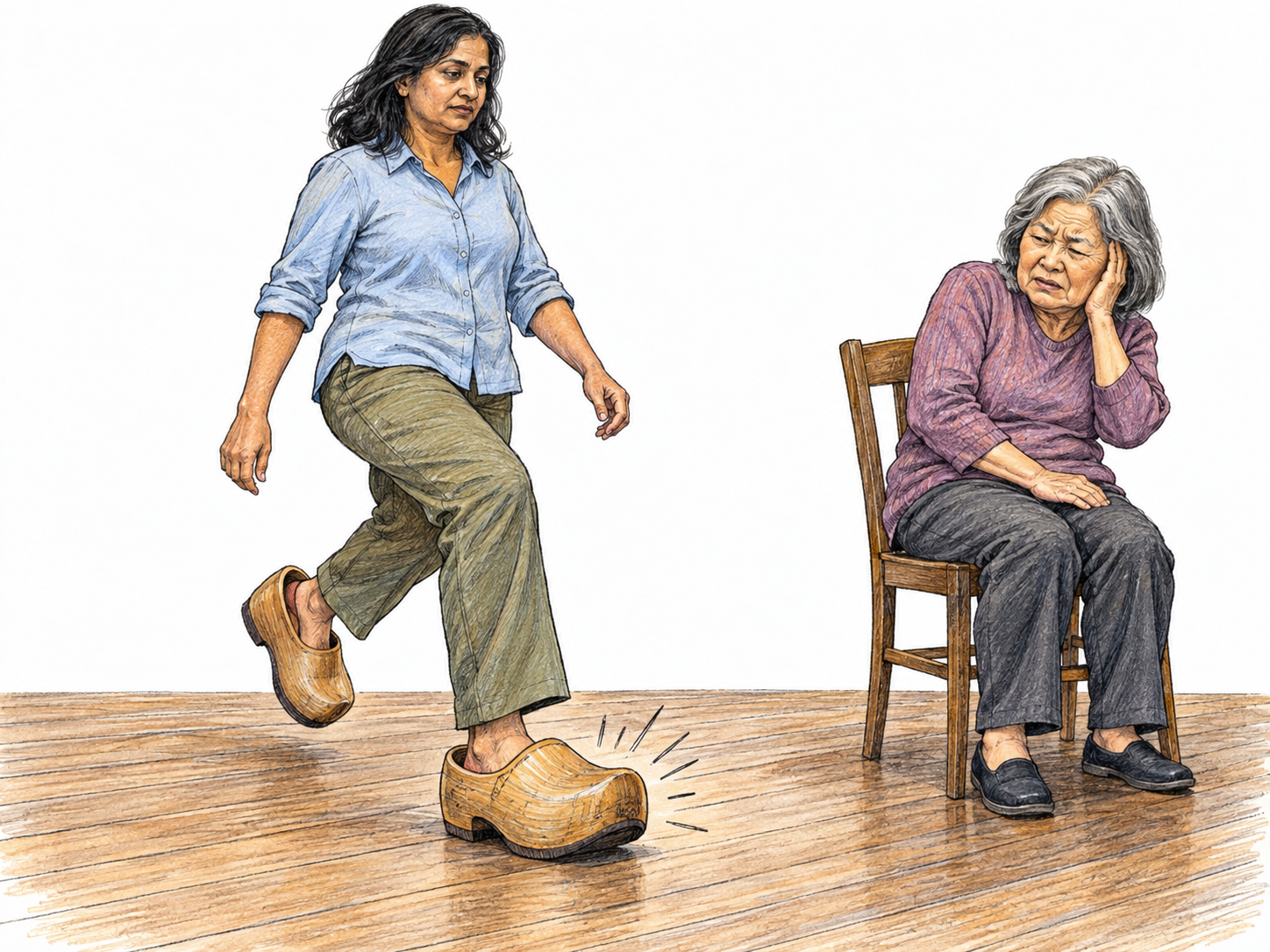 A woman walks awkwardly across a wooden floor in bulky, rigid clogs, planting one foot heavily while lifting the other with an ungainly high knee.