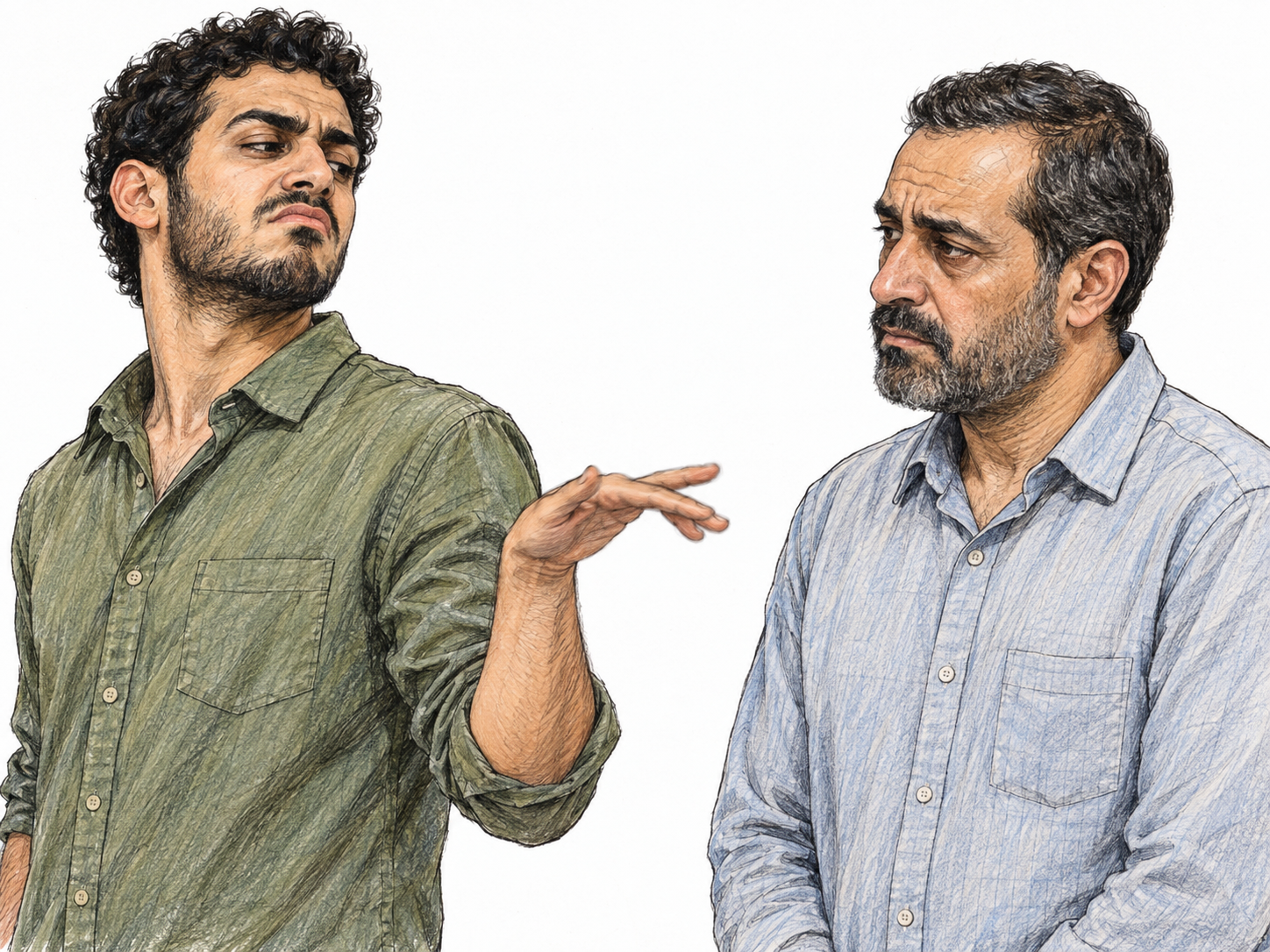 A young man openly regards another man with contempt: chin raised, eyes narrowed downward, upper lip curled in a sneer, and a dismissive flick of the hand.
