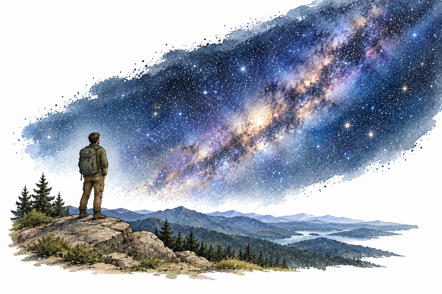 Person looks out at an immense star-filled sky extending beyond sight.