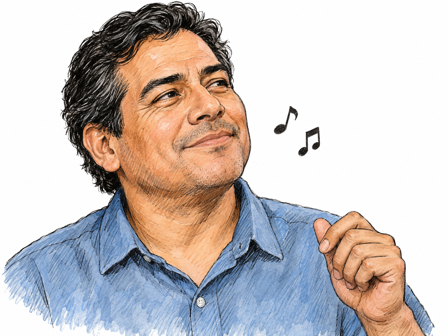 A relaxed man hums a tune with visibly closed lips, gently marking its rhythm with one hand.