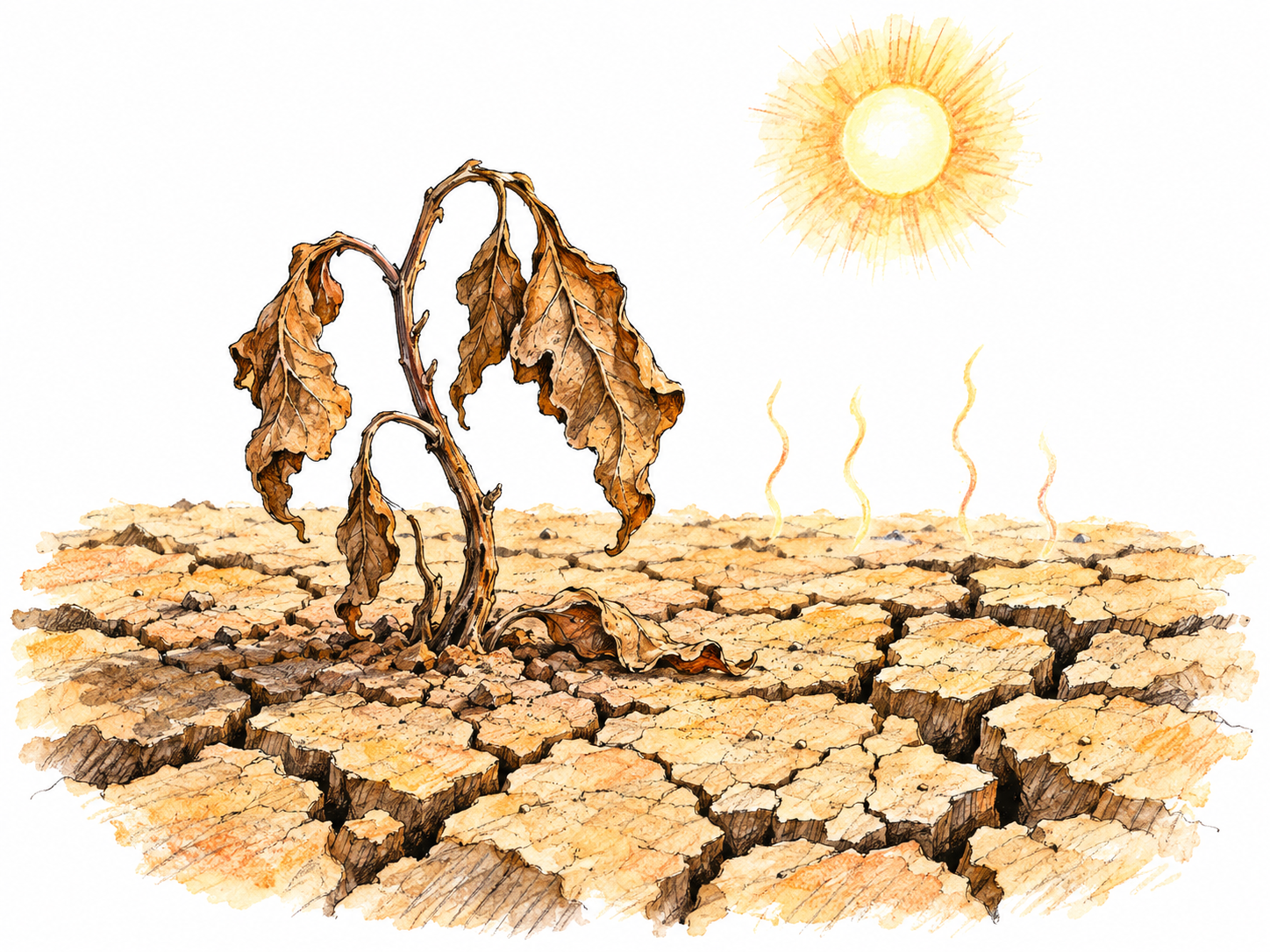 Intense sunlight parches a patch of earth: deep cracks spread through bone-dry soil beneath a shriveled, straw-colored plant.