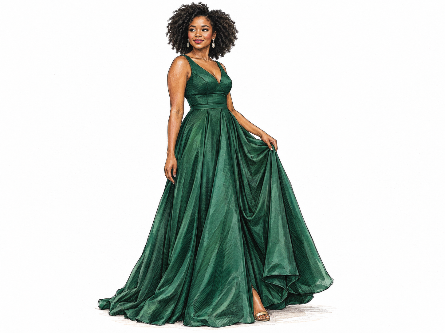 A full-length view of a woman wearing an elegant floor-length evening gown, with its fitted bodice and flowing formal skirt clearly visible.