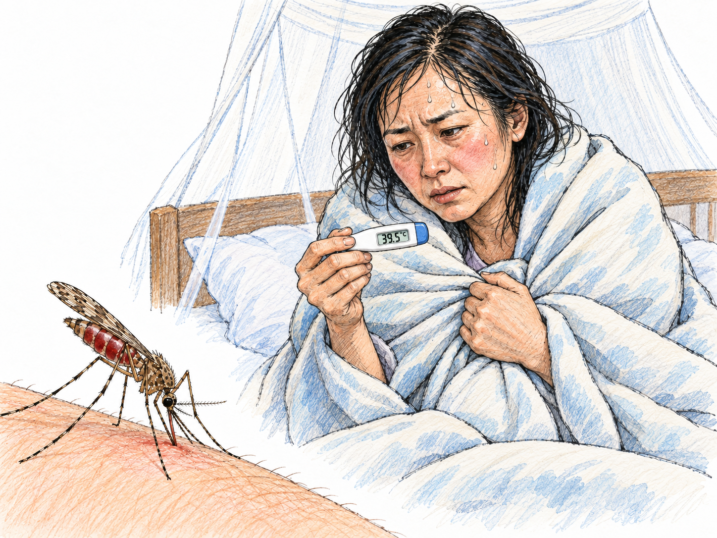 A feverish woman shivers under a blanket on a simple bed beneath mosquito netting, with sweat on her brow and a thermometer showing a high temperature.