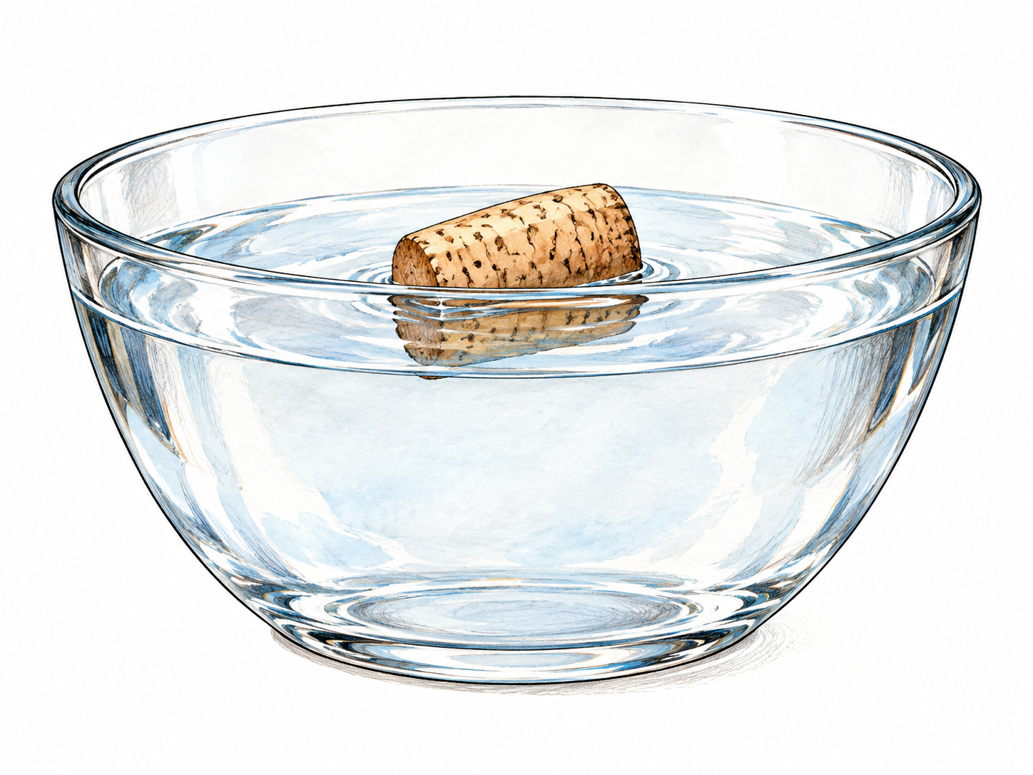 A cork floats on surface of a clear glass bowl filled with water, lower edge immersed and upper part above waterline, no arrows or writing.