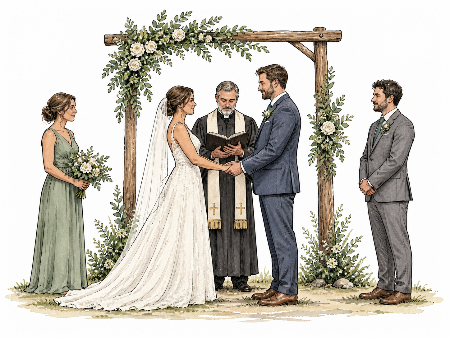 An officiant formally marries an adult couple beneath a simple flower arch, witnesses standing quietly.