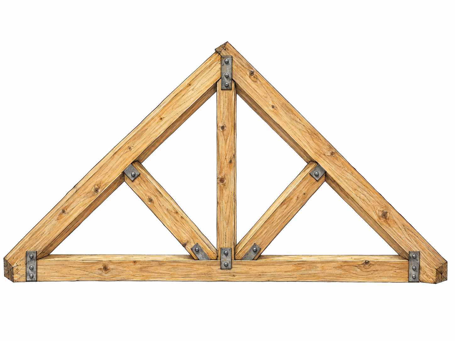 An exposed wooden roof truss shows how paired rafters, a horizontal tie beam, a central upright and diagonal braces connect into one coherent triangular framework.
