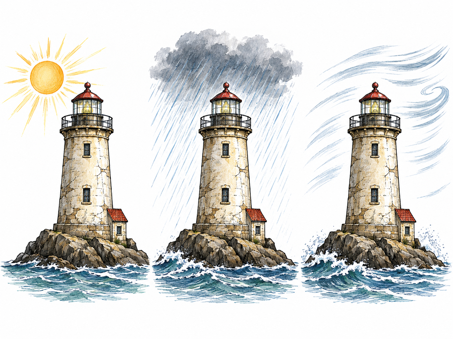 The same weathered lighthouse remains upright in a simple three-part vignette of sun, rain and wind; steady structure unchanged.