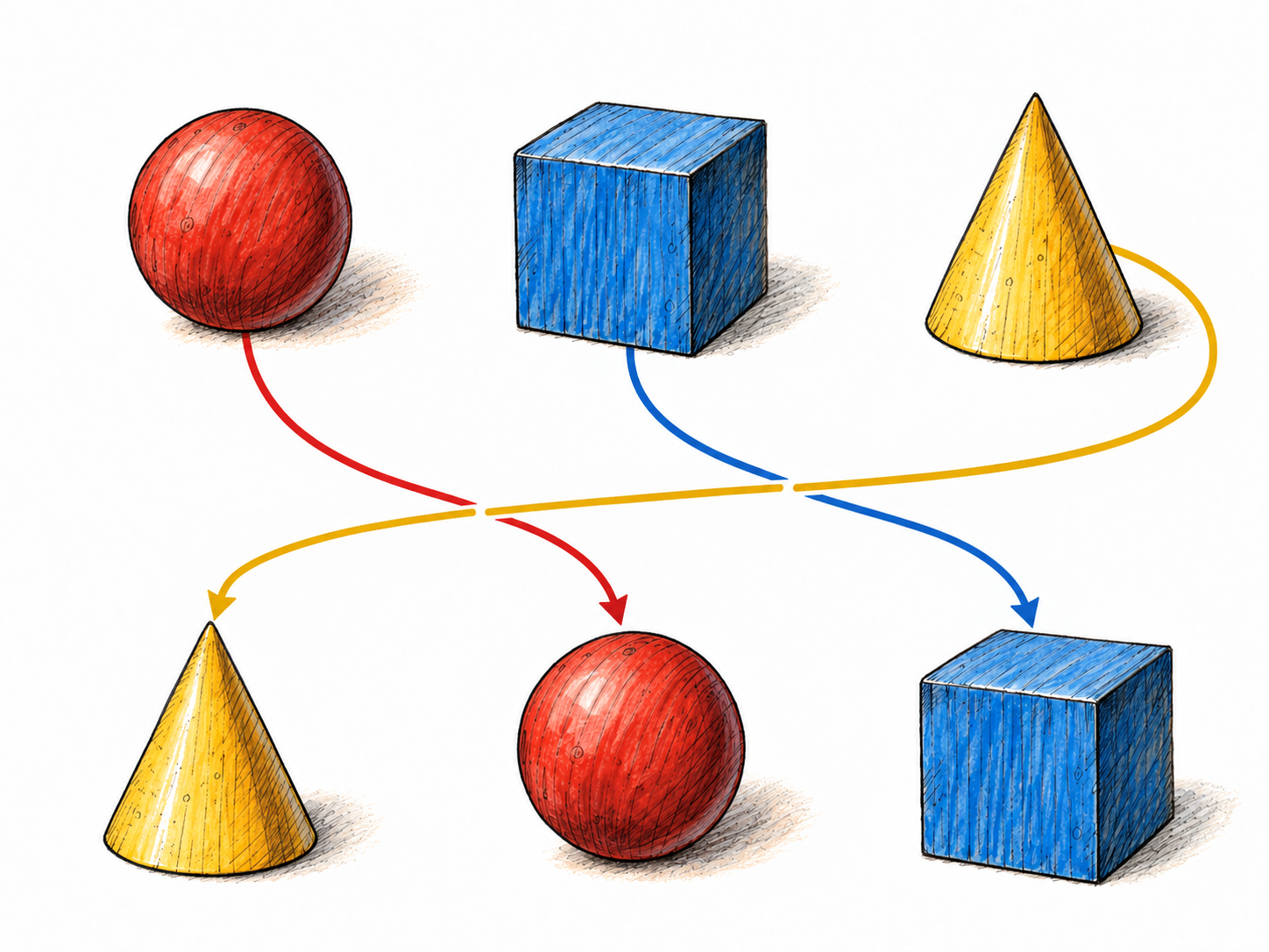 Two aligned rows show the same three distinct wooden shapes in different orders.