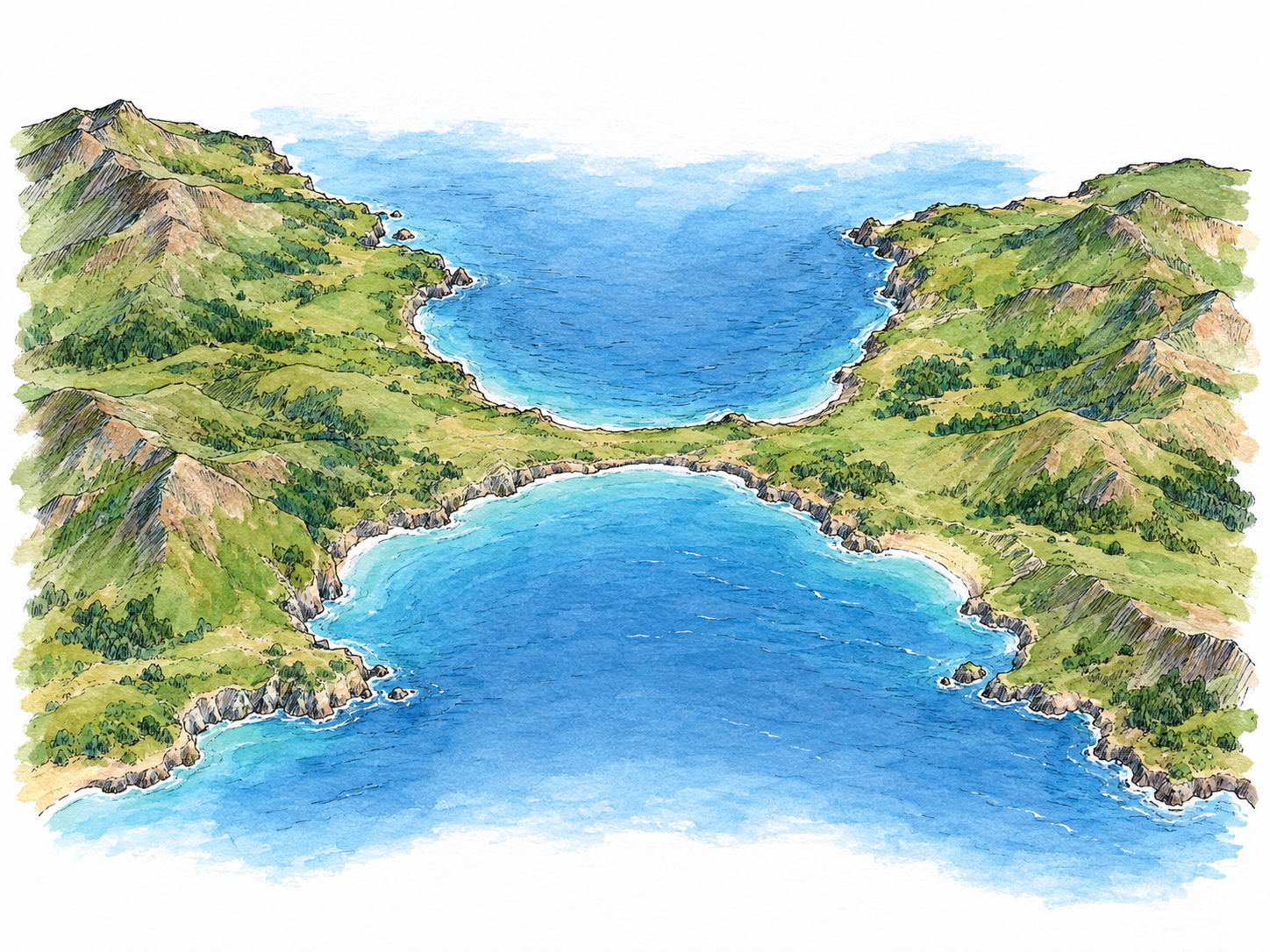 An elevated oblique view of two broad land areas joined by a conspicuously narrow, continuous neck of land, with seawater closely bordering both sides of the neck.