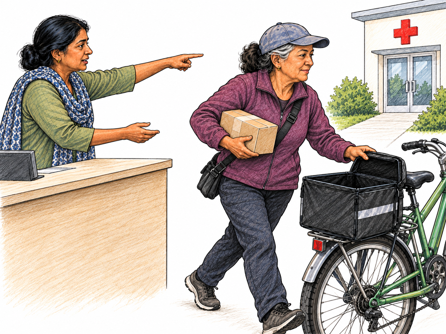 At a simple courier pickup point, a sender hands a parcel to a departing courier and says, “Take this to the clinic now.” The courier accepts it beside her open delivery bag and bicycle, making the act of promptly sending something to a destination explicit.
