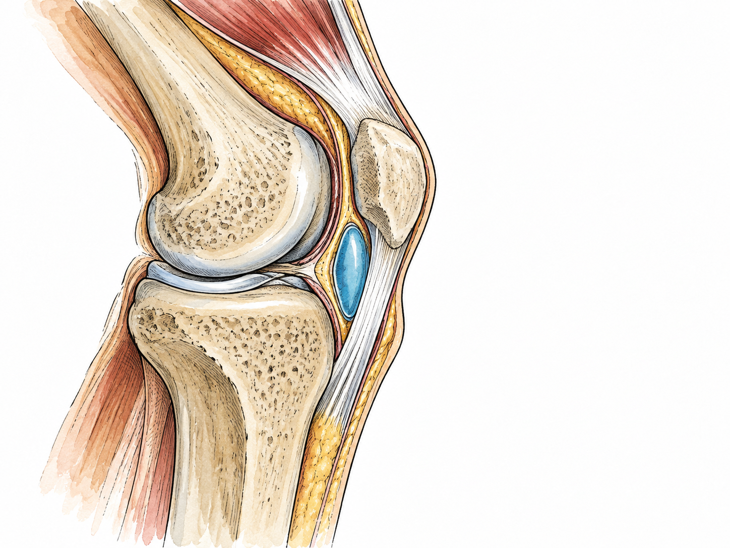 A simple anatomical side cutaway of a knee with one small blue fluid-filled bursa between tendon and bone, no labels.