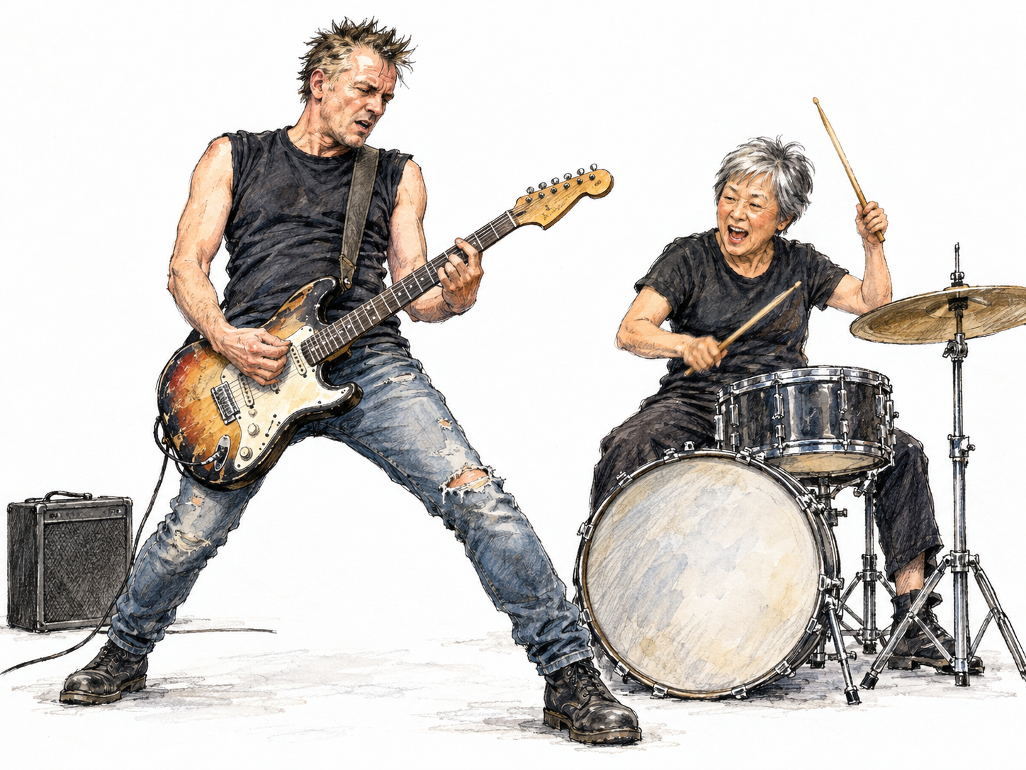 A middle-aged punk guitarist plays an electric guitar with a defiant, energetic stance beside an older punk drummer, making rebellious rock style clear through performance and understated DIY clothing.