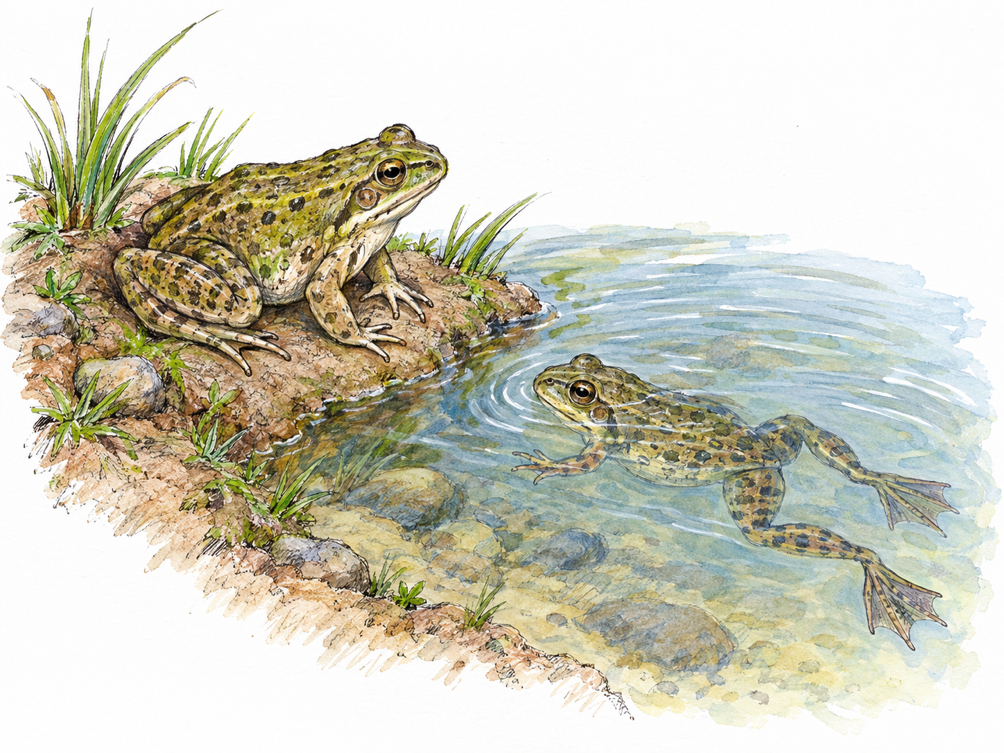 Two naturalistically drawn common frogs at a pond margin: one resting on damp land and one swimming in clear shallow water, making the animal's land-and-water habitats visible together.