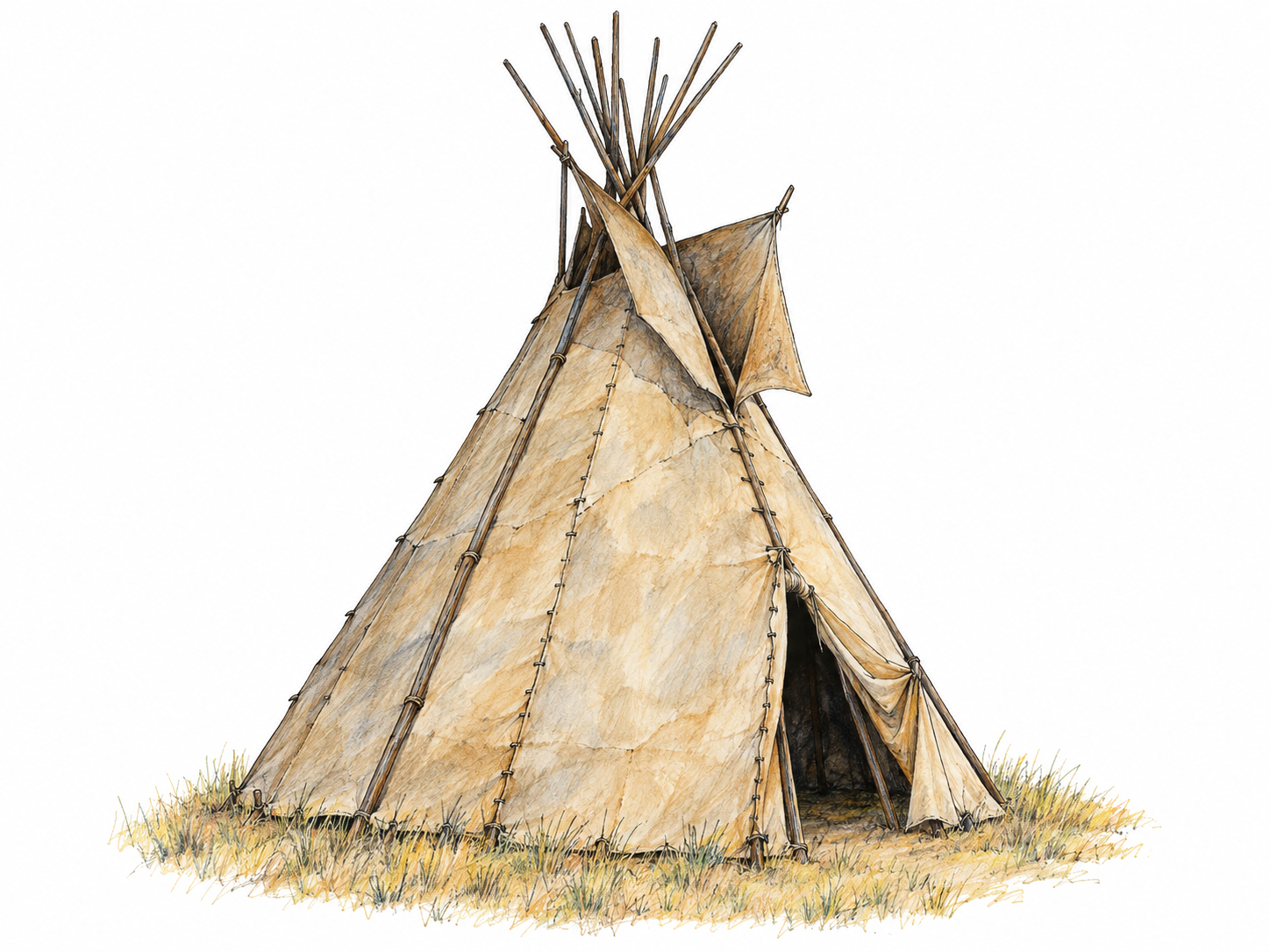 One traditional Plains hide-covered tepee, with a tall conical body, projecting wooden poles, smoke flaps, and a low entrance clearly visible.