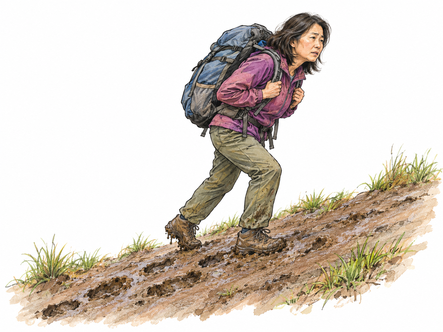 A tired hiker plods uphill through sticky mud, taking short, heavy steps beneath a loaded backpack.