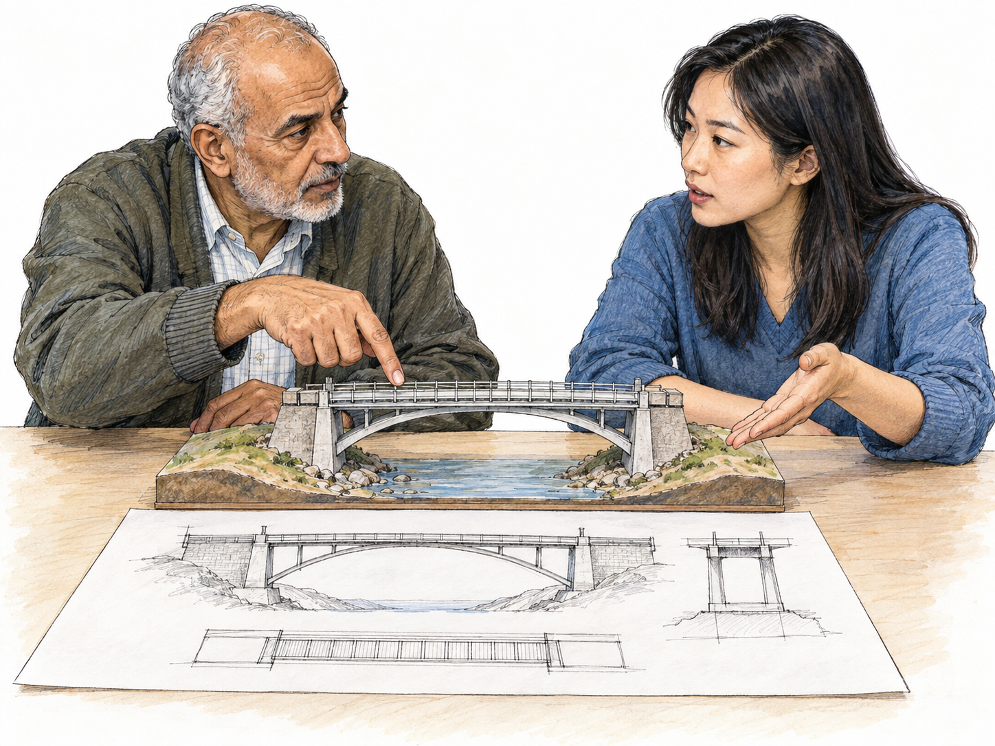 Two adults engaged in a focused discussion of bridge design, using a small bridge model as their shared subject.