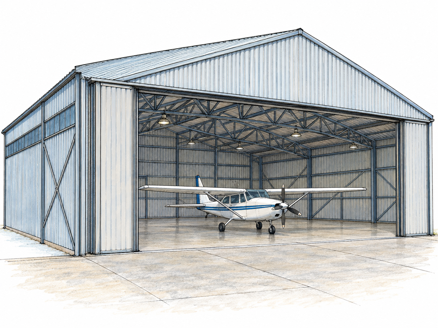 A large aircraft hangar with its broad sliding doors open, revealing a complete small airplane stored beneath high steel roof trusses.