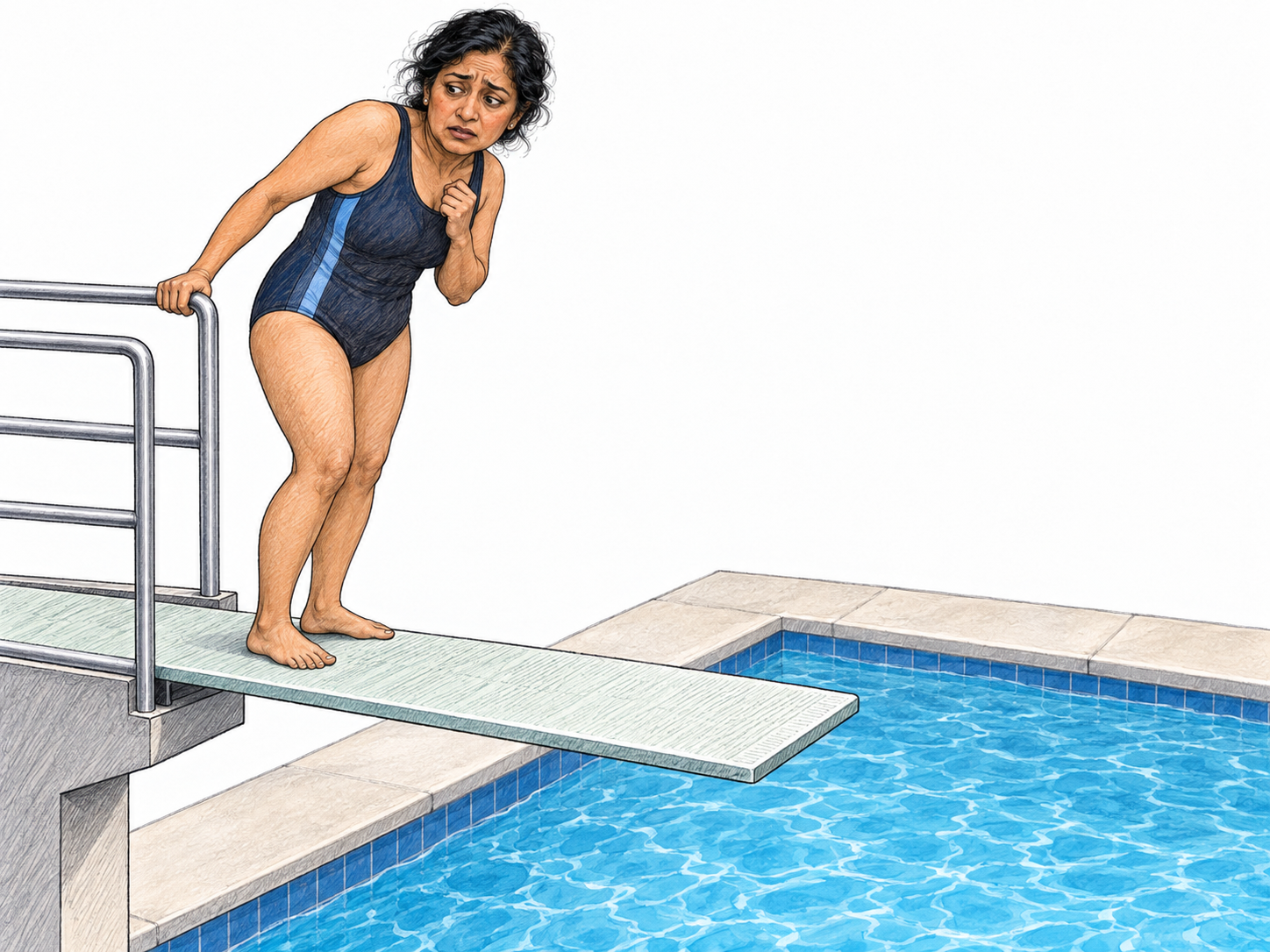 A novice on a high diving board hesitates well back from its edge, anxiously looking down at the pool while gripping the rail.