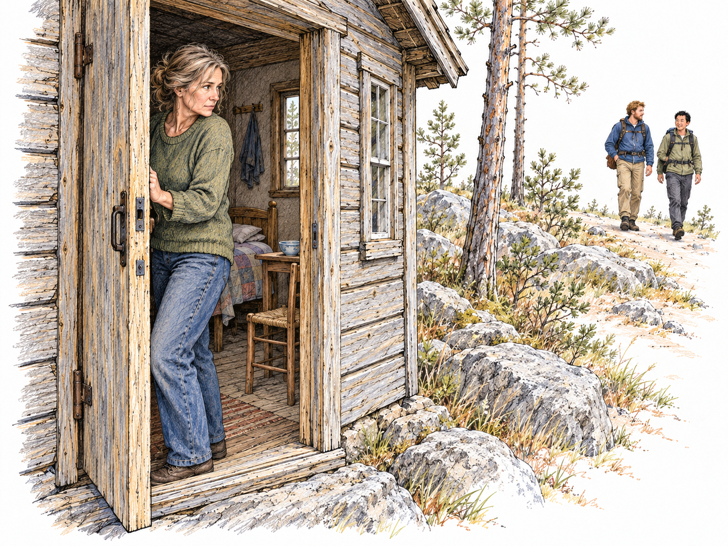 A solitary woman withdraws into her isolated, visibly lived-in cabin as distant walkers approach along the main trail, combining solitary residence with deliberate avoidance of social contact.