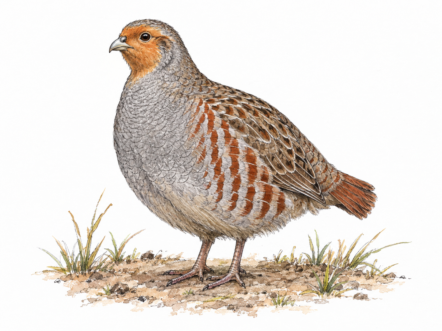 A single gray partridge in three-quarter side view, clearly showing its small rounded body, short tail, small head, and ground-dwelling stance.